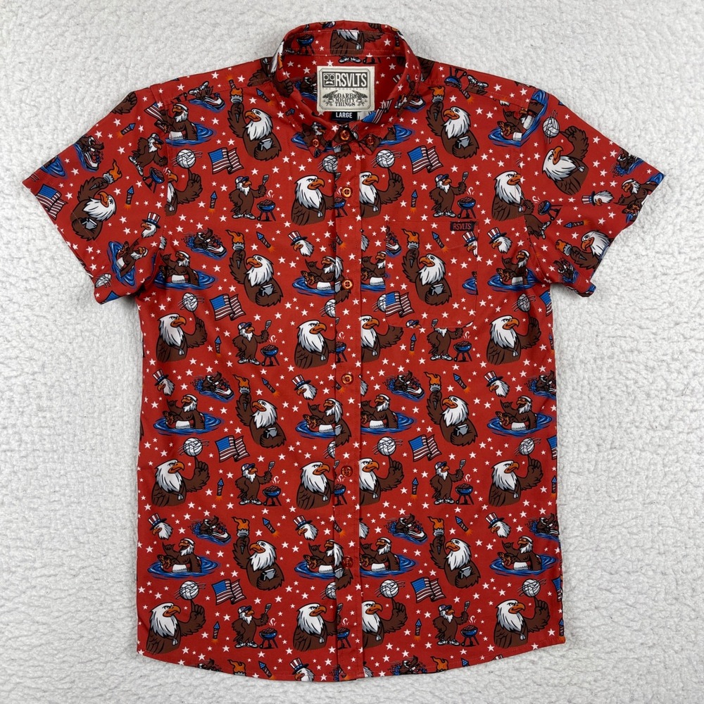 RSVLTS Button Down Youth Large Red Patriotic Eagle Kunuflex Short Sleeve Shirt